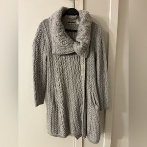 Aran Crafts Gray Cable Knit Shawl-Collar moreno wool Cardigan. Made in Ireland.
